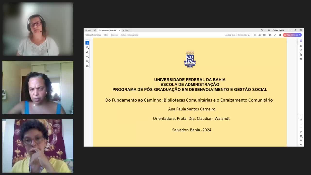 Defesa Mestrado de Ana Paula Santos Carneiro (PDGS) sobre Bibliotecas Comunitárias