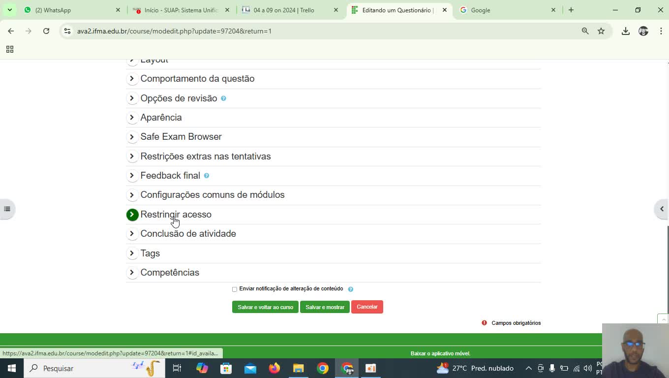 CONFIGURAÇÃO DE RESTRIÇÕES AVA
